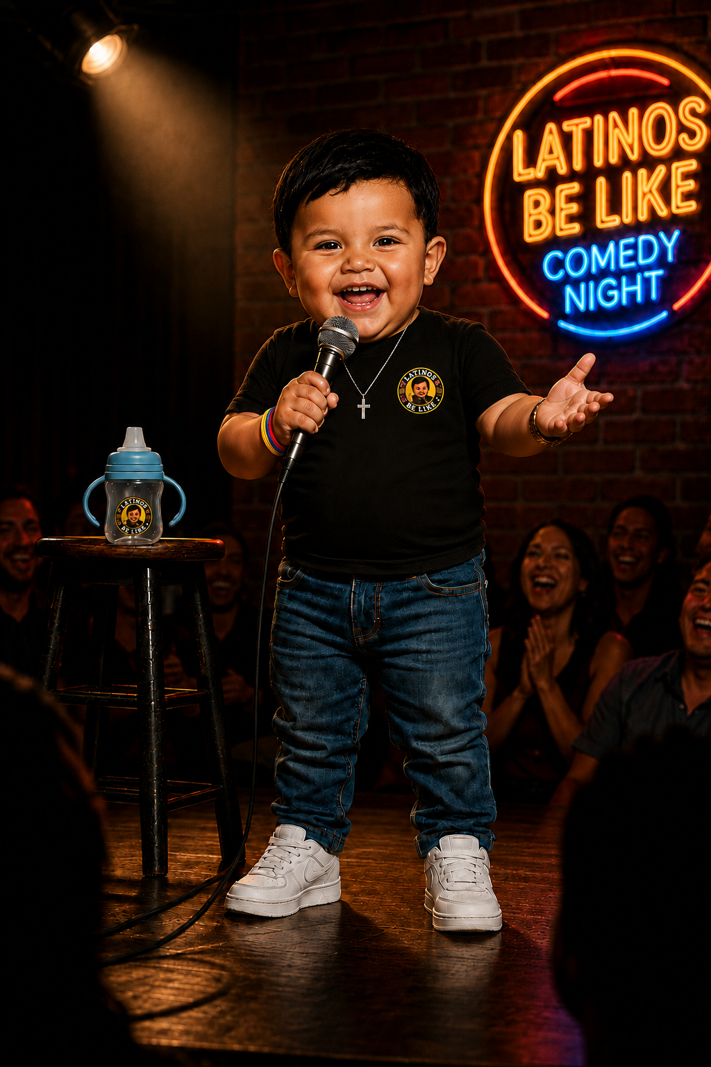 El Gordo performing on stage at Latinos Be Like Comedy Night with a neon sign in the background